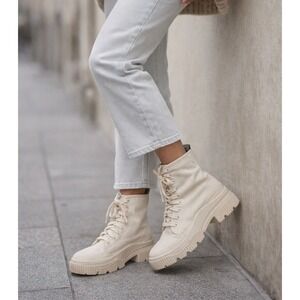 Zara Cream Canvas Combat Boots | Lug Sole | Lace-Up | EU 37 US 6.5